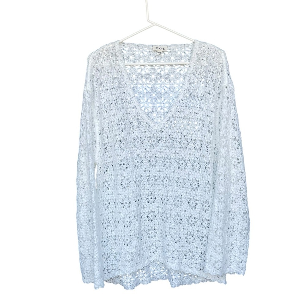 POL White Crochet V-Neck Top or Cover-Up
